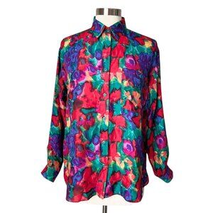 Vintage Watercolor Art-to-Wear 100% Silk Blouse Size Medium
